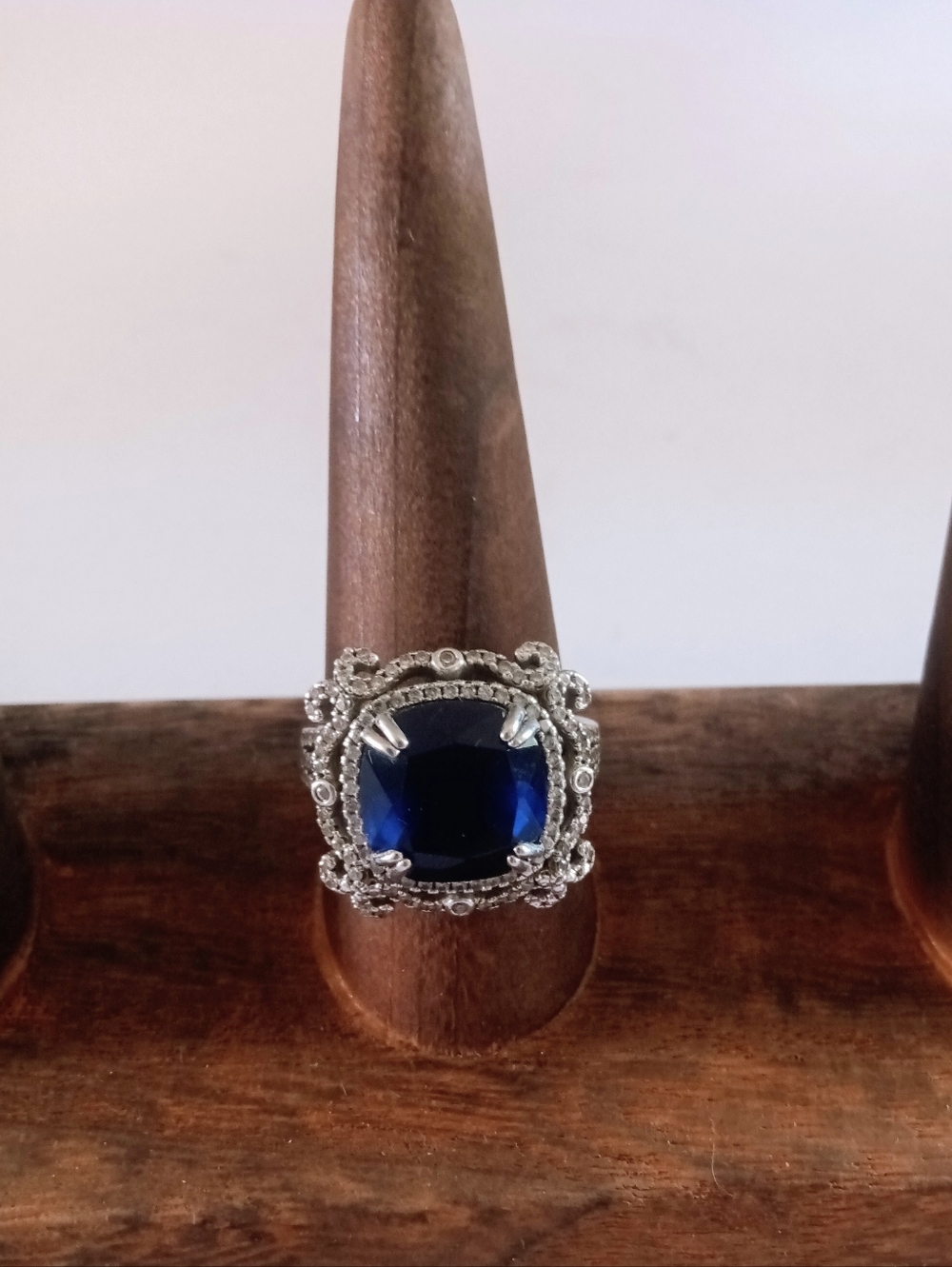 Sterling Silver 925 Ring Large Square Blue Sapphire Filigree Detail Size 9.5